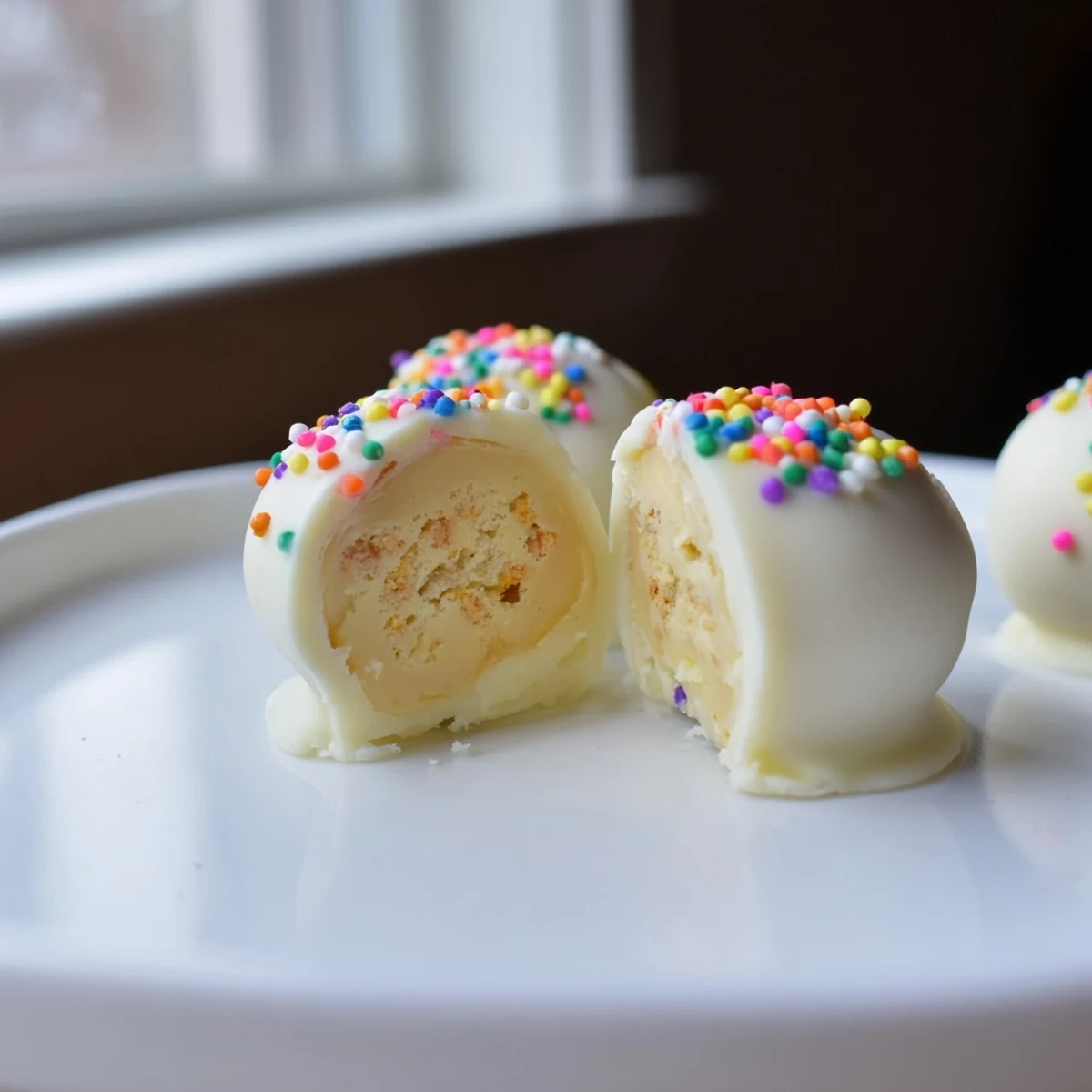 Creamy Banana Pudding Easter Truffles coated in white chocolate with colorful sprinkles