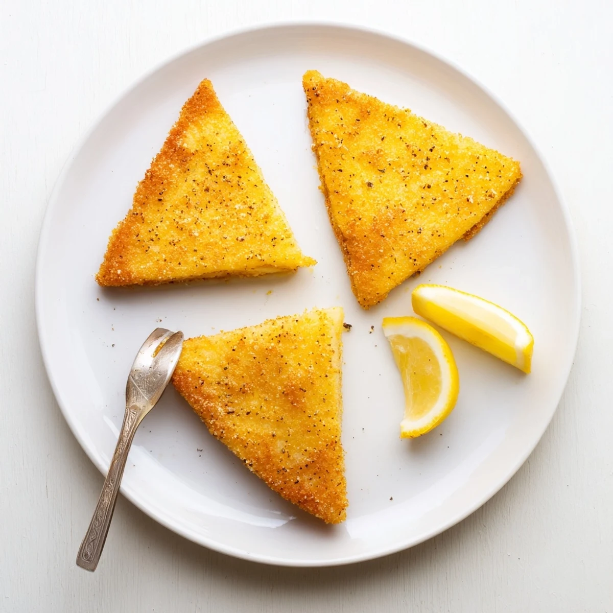 Crispy Greek fried cheese with crunchy coating served hot alongside bright lemon slices
