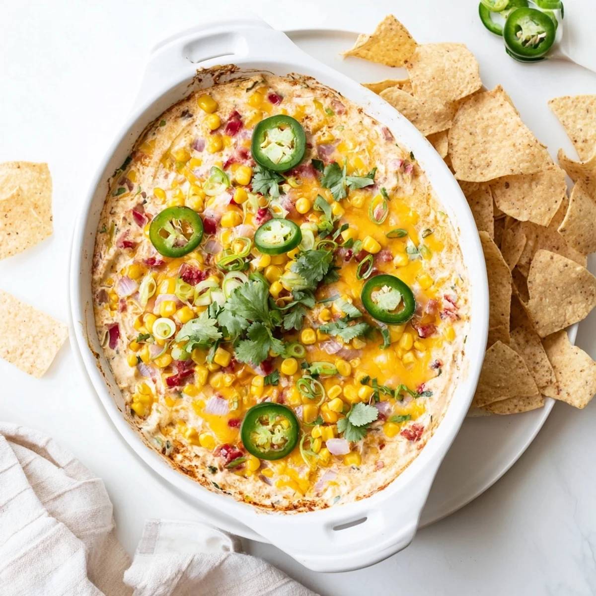 Golden melted Spicy Roasted Jalapeno Cowboy Cream Cheese Dip served with crispy tortilla chips