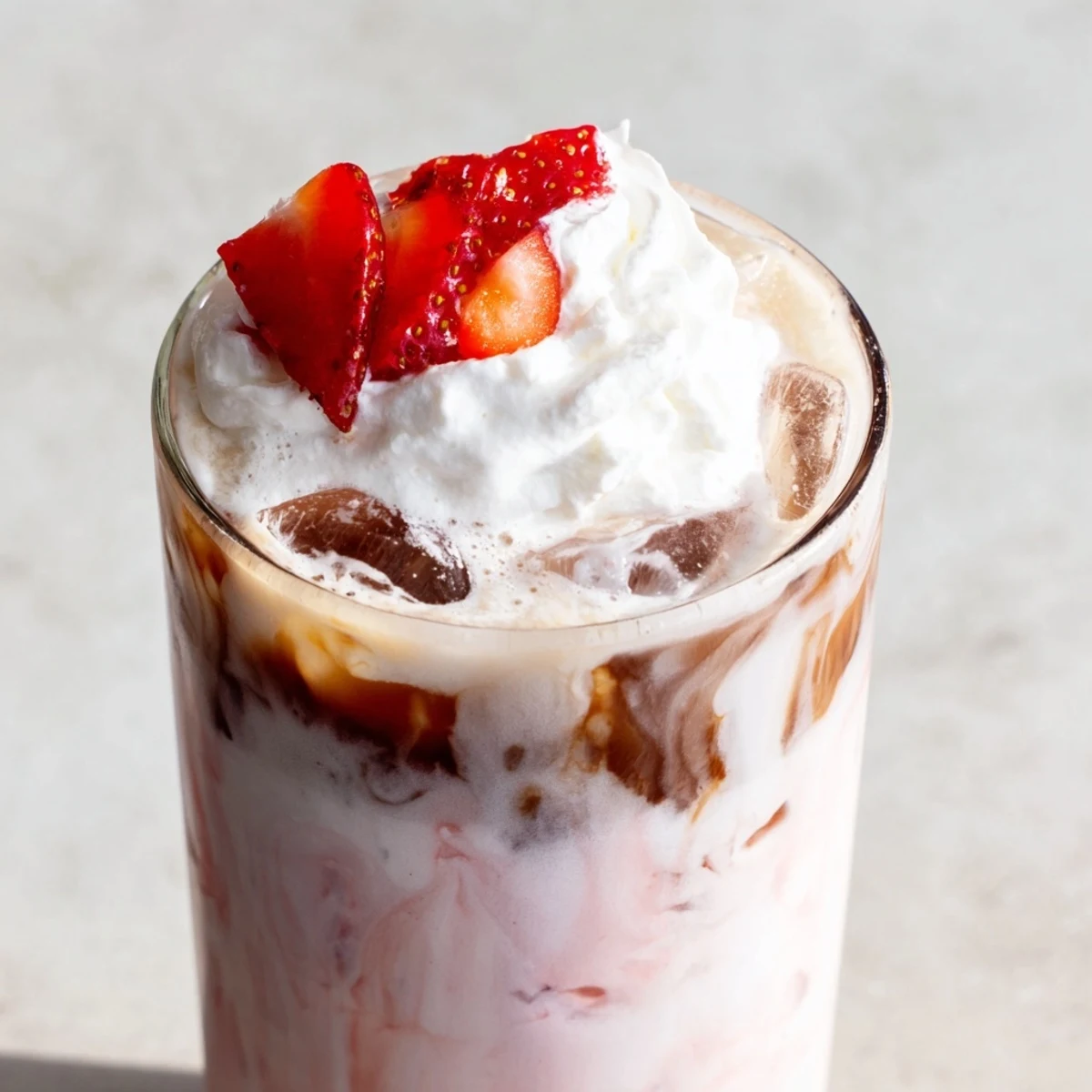 Creamy strawberry cold latte in a tall glass with swirled pink layers and ice