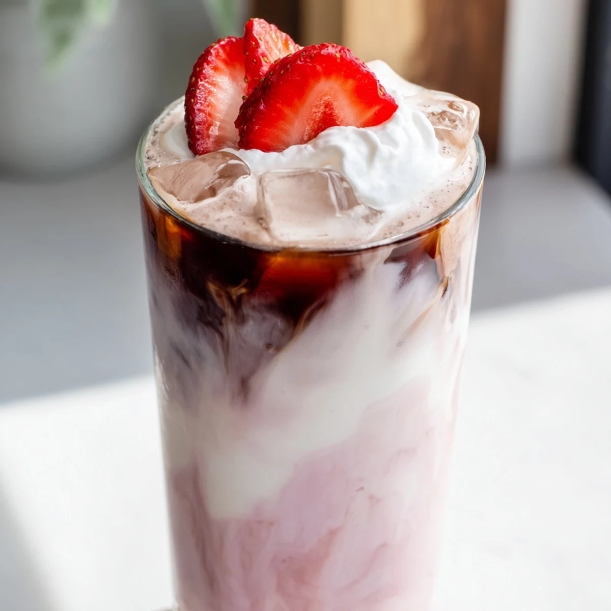 Refreshing strawberry cream cold latte topped with fluffy whipped cream and fresh berry garnish