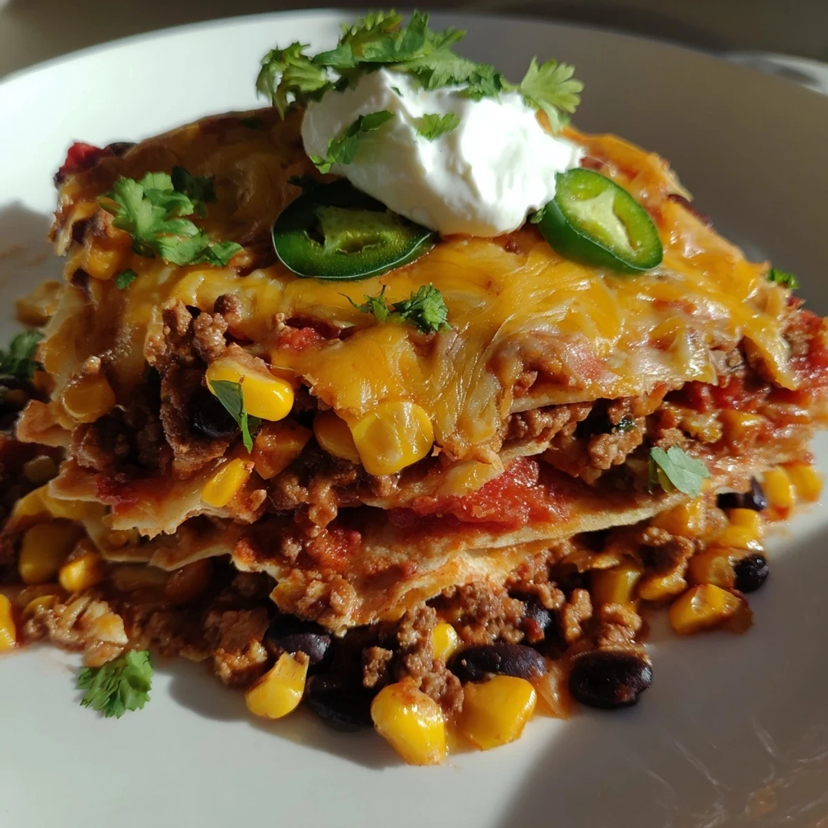 Golden bubbling Mexican lasagna with melted cheese and garnished with fresh cilantro