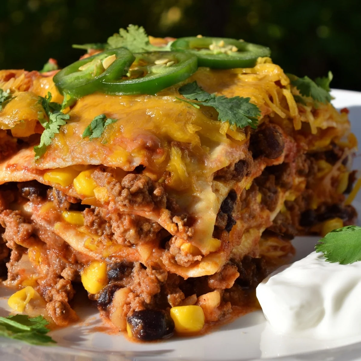 Steaming Mexican lasagna sliced to reveal hearty layers of beans corn and beef