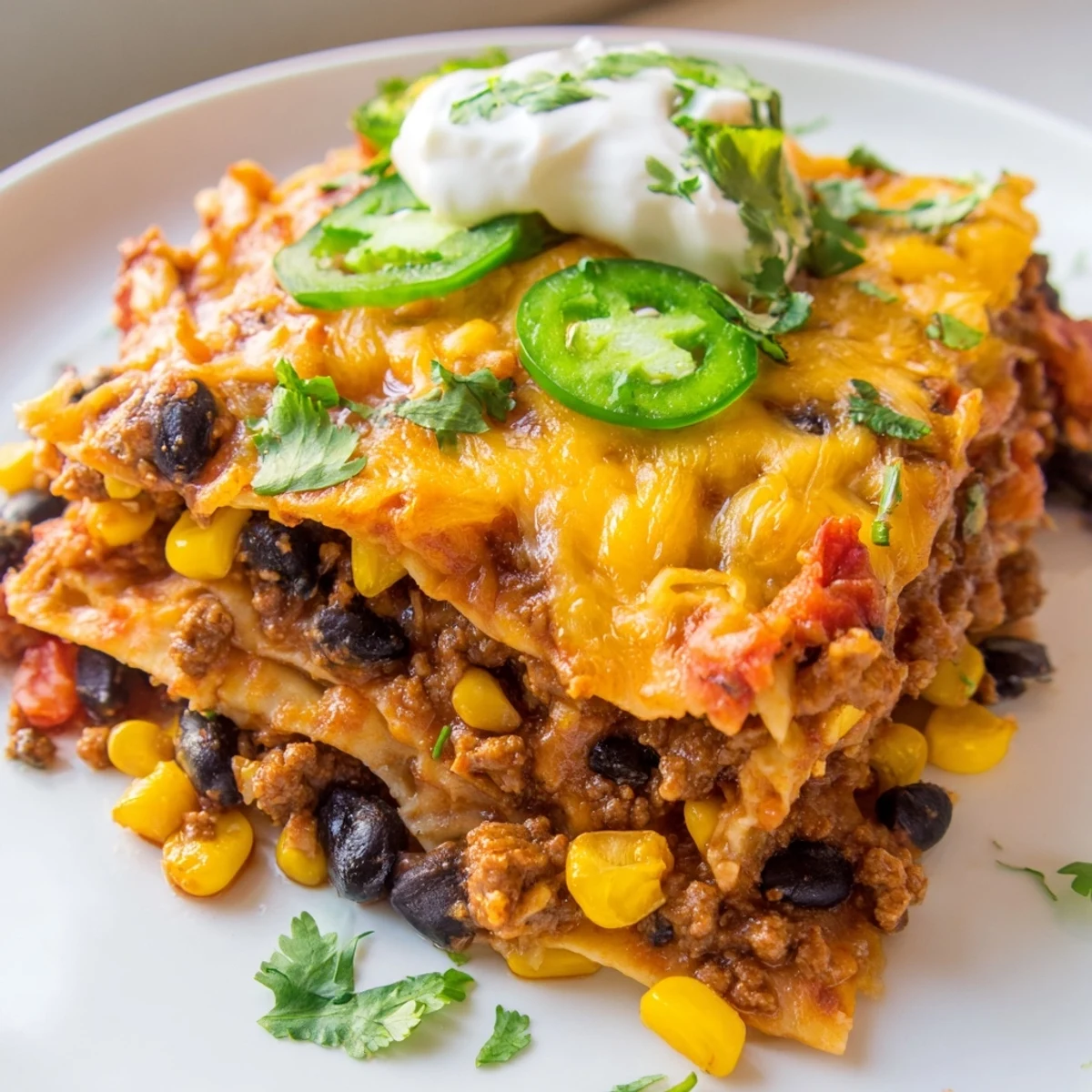 Layers of tortillas seasoned beef and melted cheese in Mexican lasagna casserole