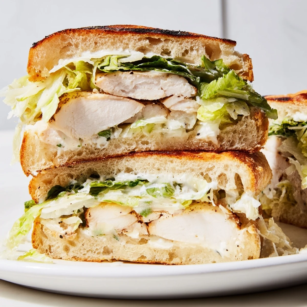Grilled chicken Caesar sandwich with crisp romaine and creamy dressing on toasted ciabatta