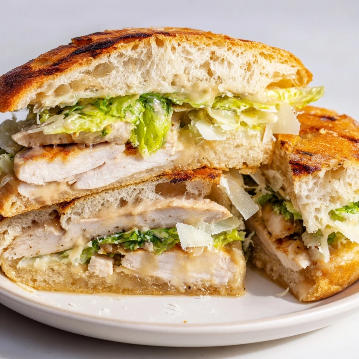 Juicy sliced chicken Caesar sandwich topped with shaved Parmesan and fresh green lettuce