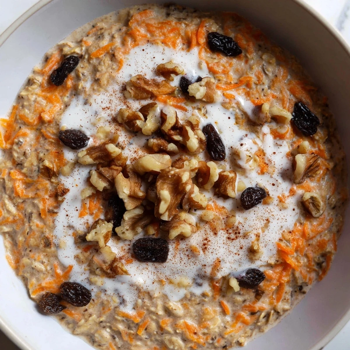 Creamy carrot cake overnight oats topped with chopped walnuts in a glass jar