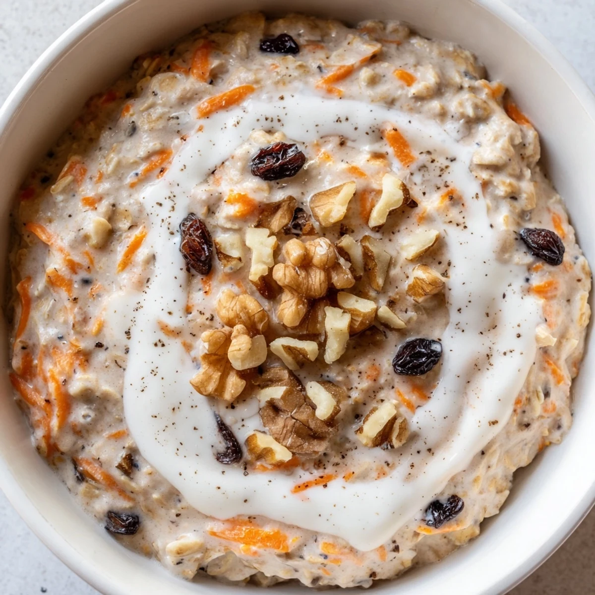 Carrot cake overnight oats with grated carrots and raisins in a creamy bowl