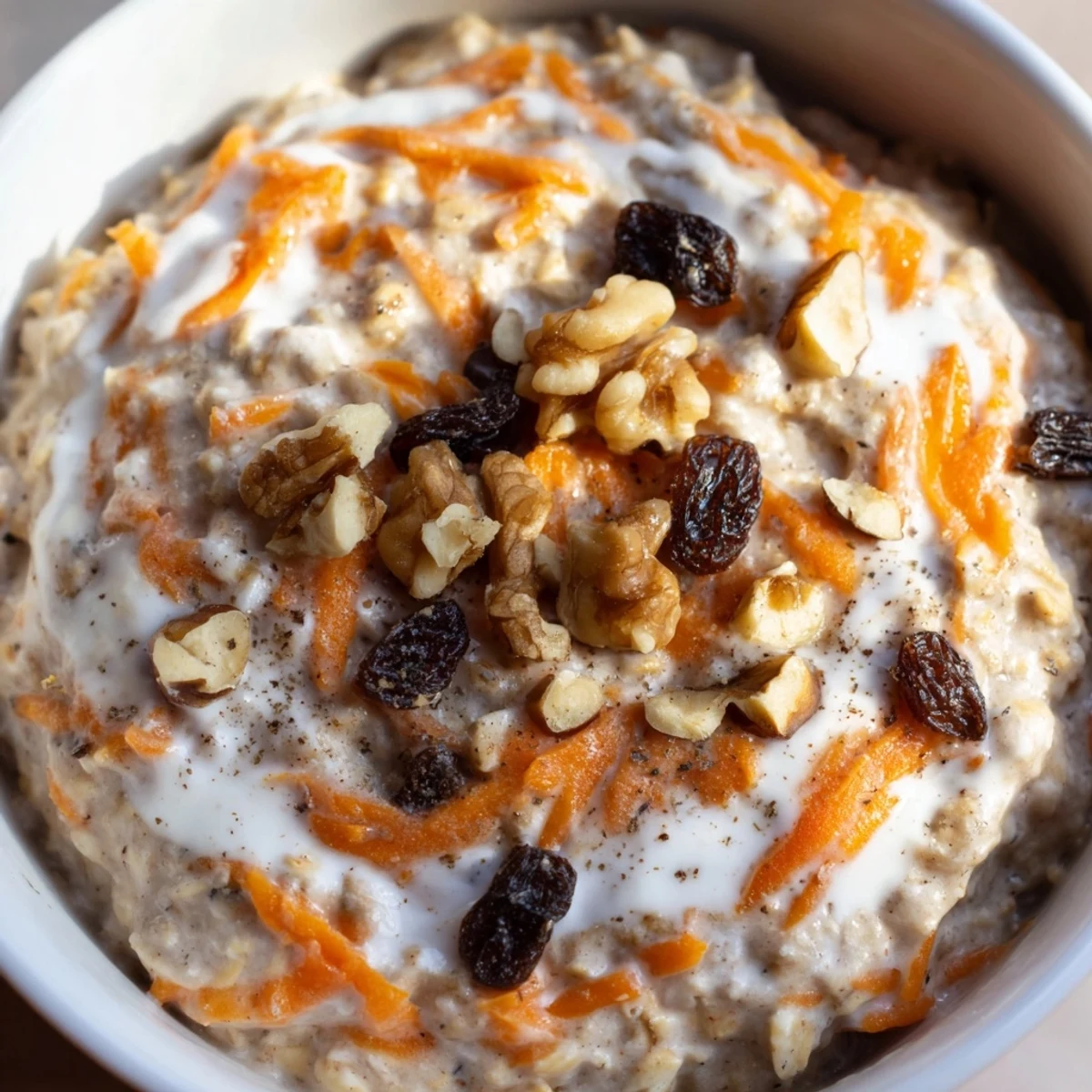 Spoon dipping into thick carrot cake overnight oats layered with crunchy pecans