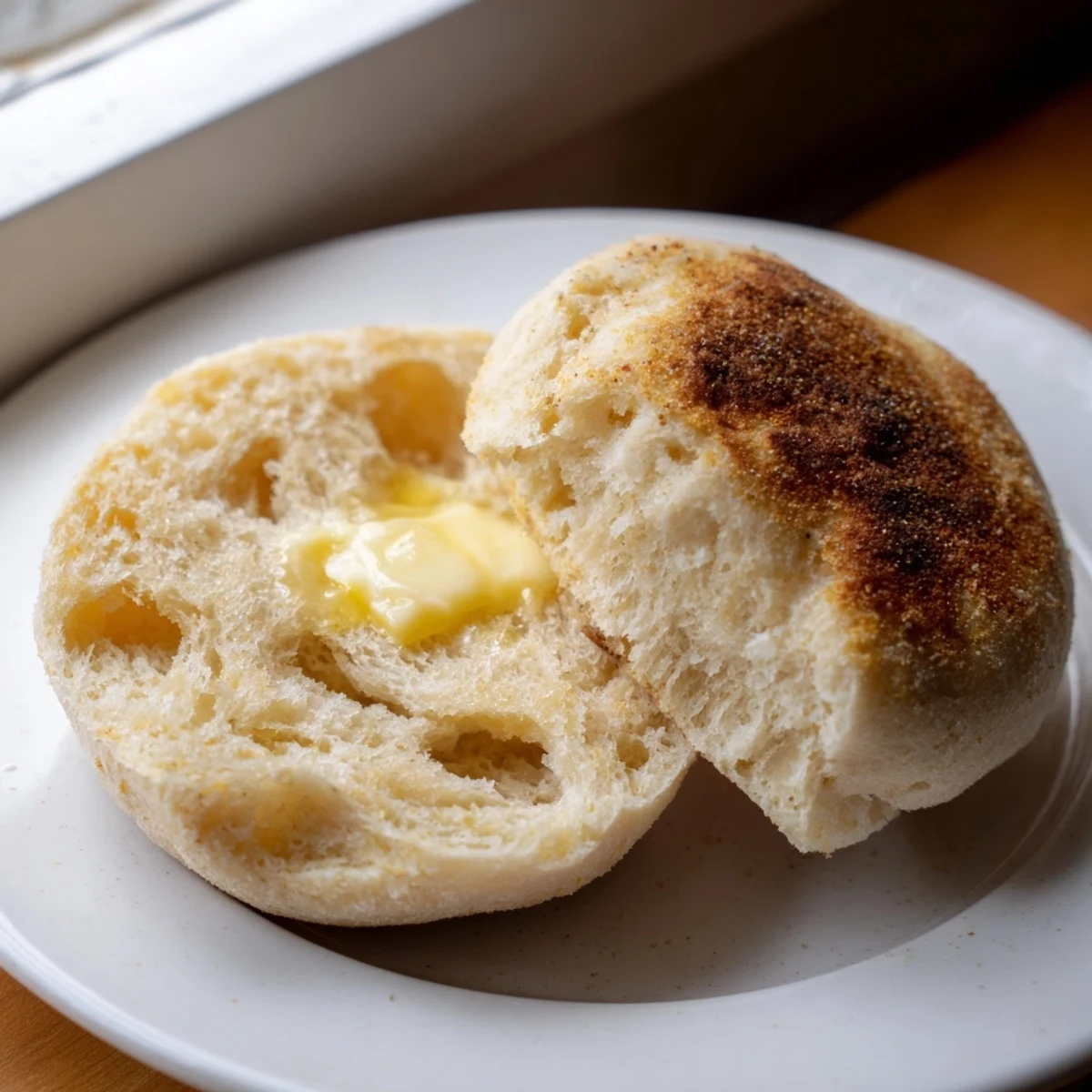 Golden brown homemade English muffins cooling on a wire rack with cornmeal dusting