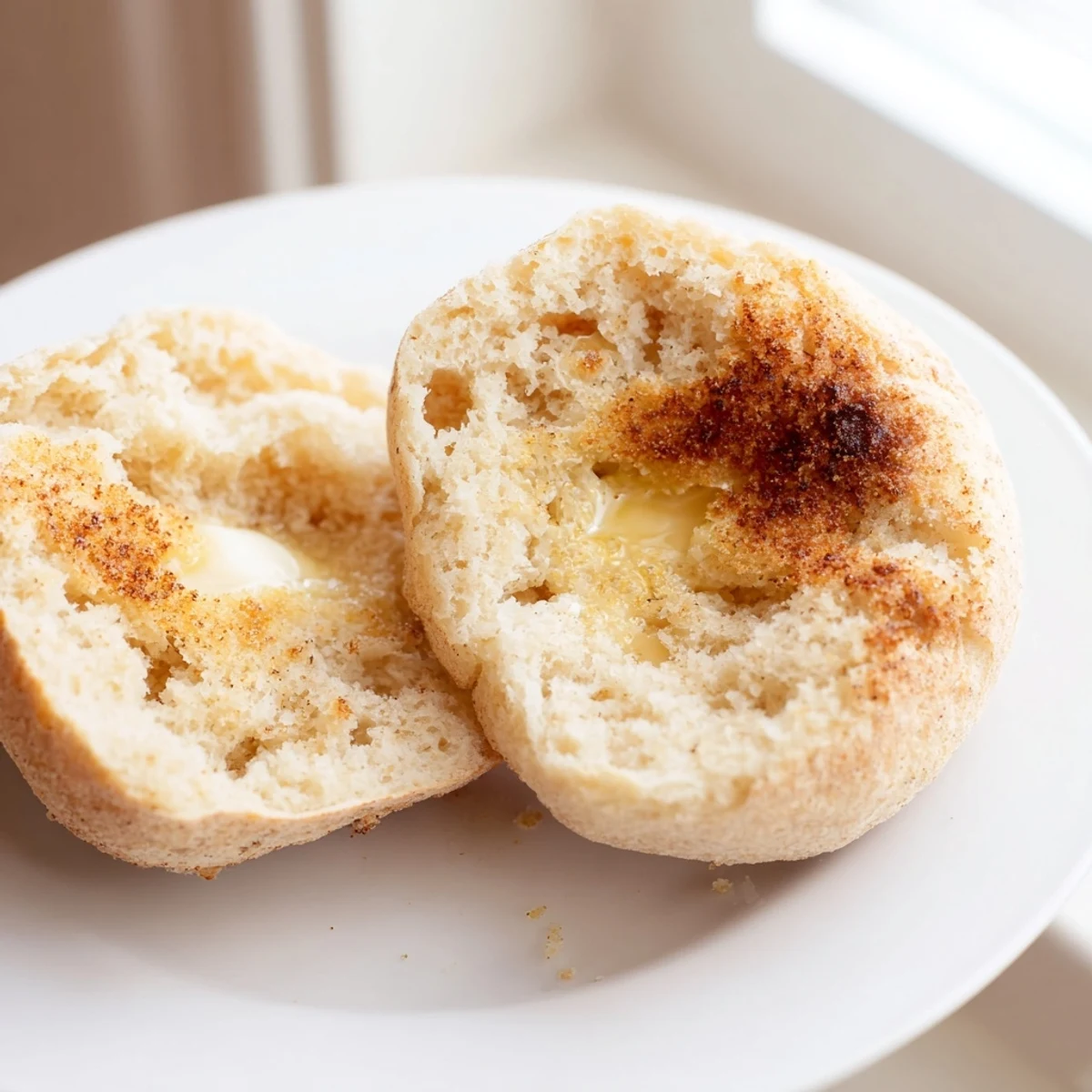 Soft homemade English muffins split open showing signature nooks and crannies texture