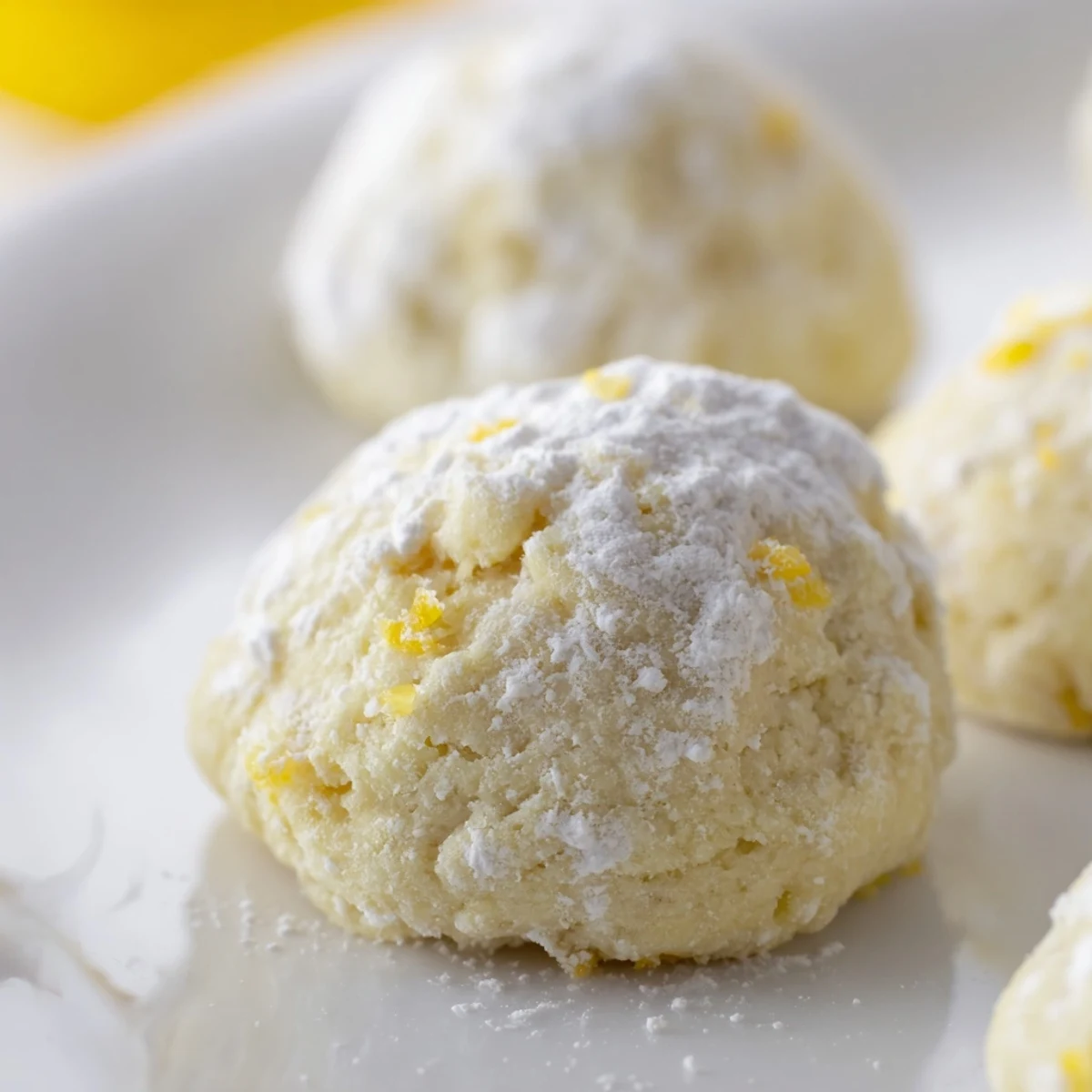 Powdered sugar-dusted Lemon Meltaways cookies arranged on rustic wooden serving board