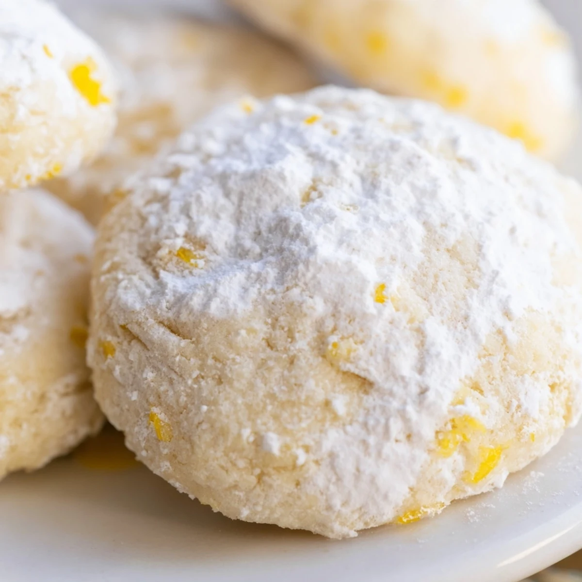 Golden buttery Lemon Meltaways stacked beside cup of hot tea