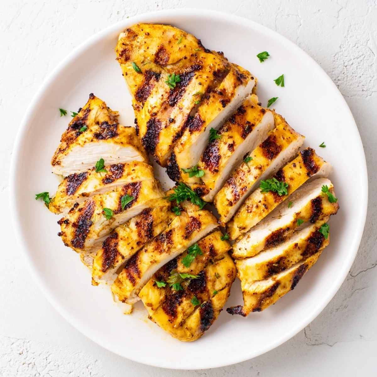 Golden grilled Greek yogurt marinated chicken with charred edges and fresh herbs on a white plate