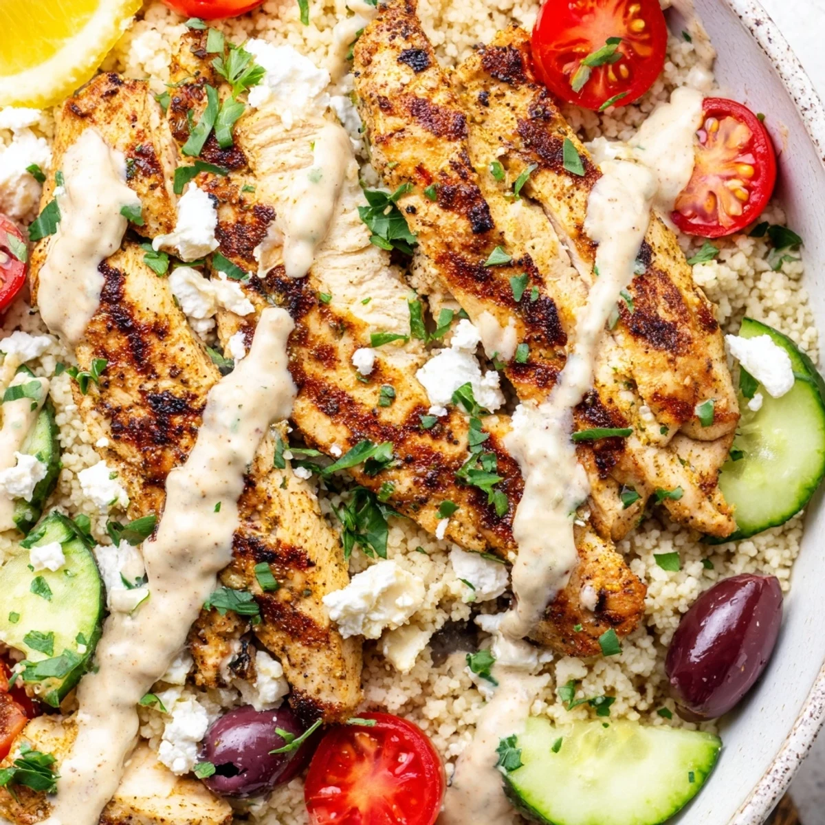 Golden sliced Mediterranean chicken couscous bowl topped with fresh vegetables and creamy tahini drizzle