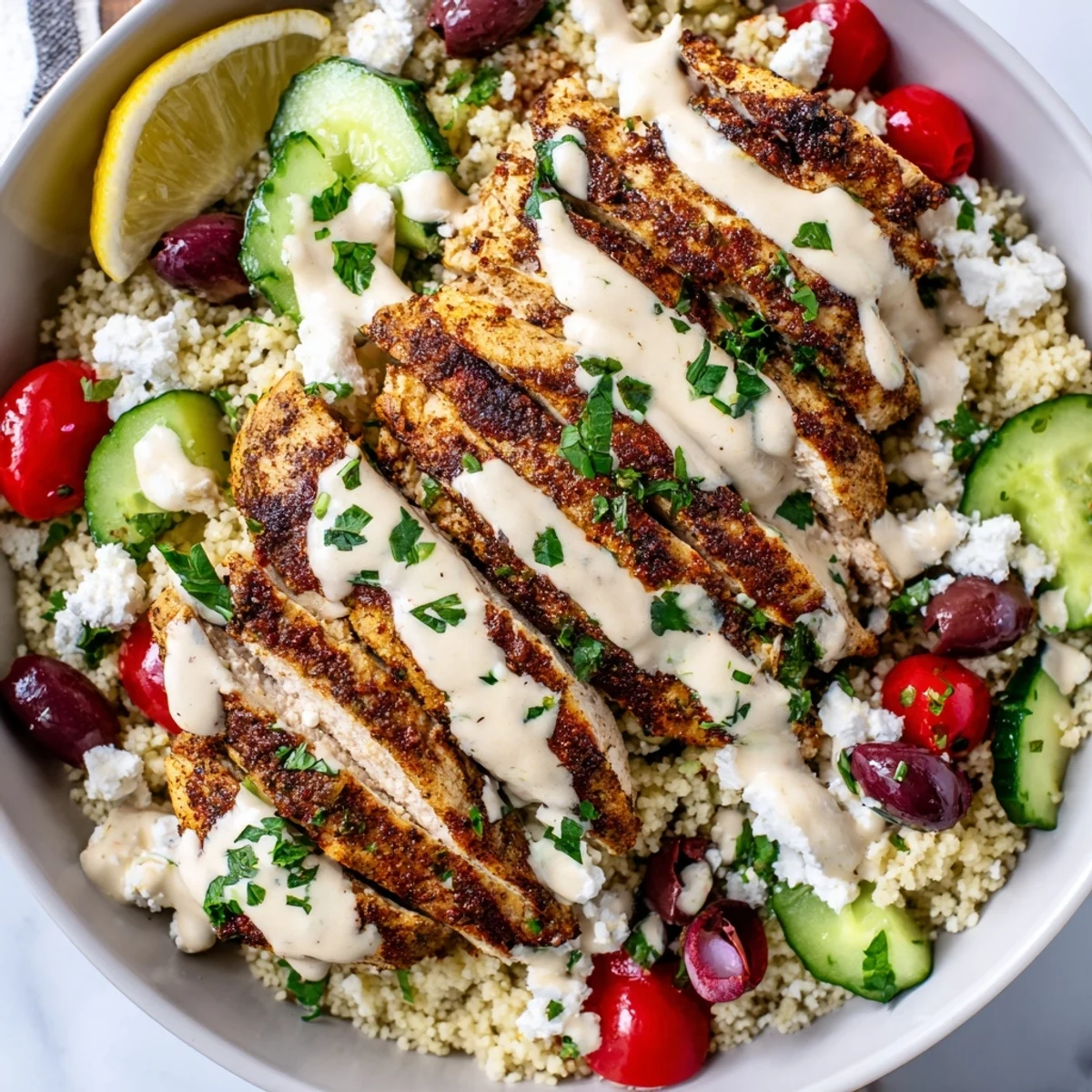 Fluffy couscous with spiced chicken cherry tomatoes and zesty lemon tahini sauce