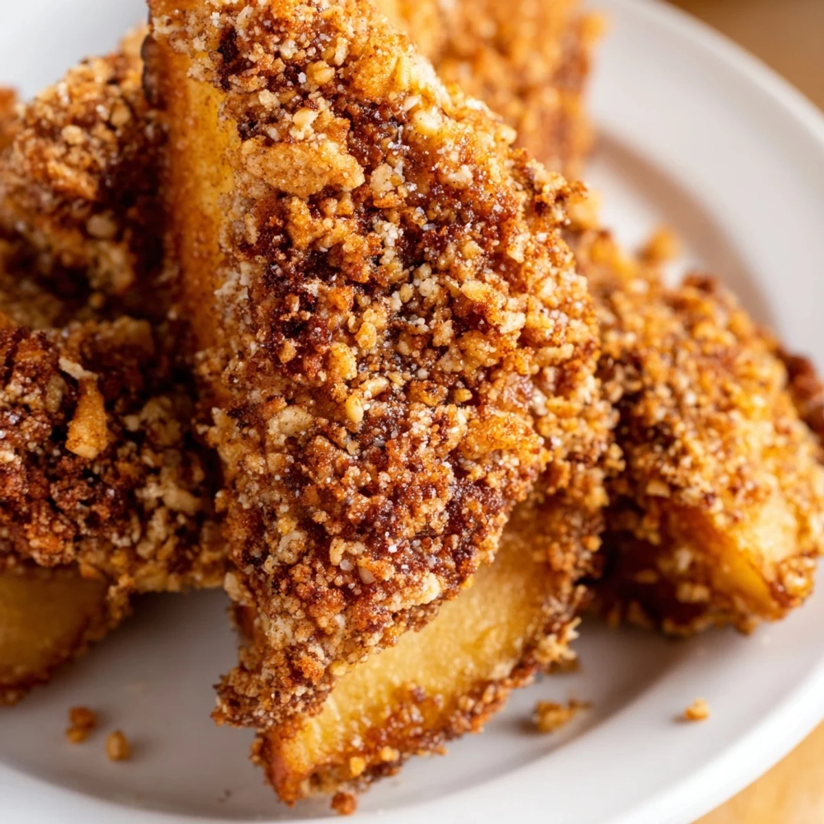 Golden crispy air fryer apple slices coated in warm cinnamon sugar served on a white plate