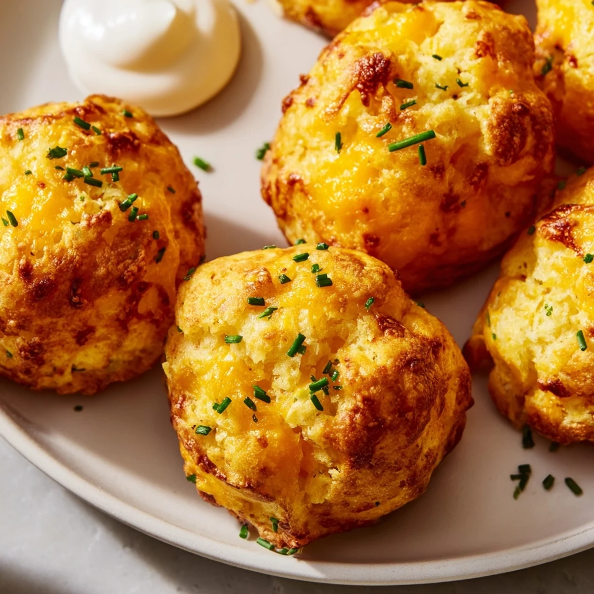 Golden Mashed Potato Cheese Puffs baked until crispy on a white serving plate