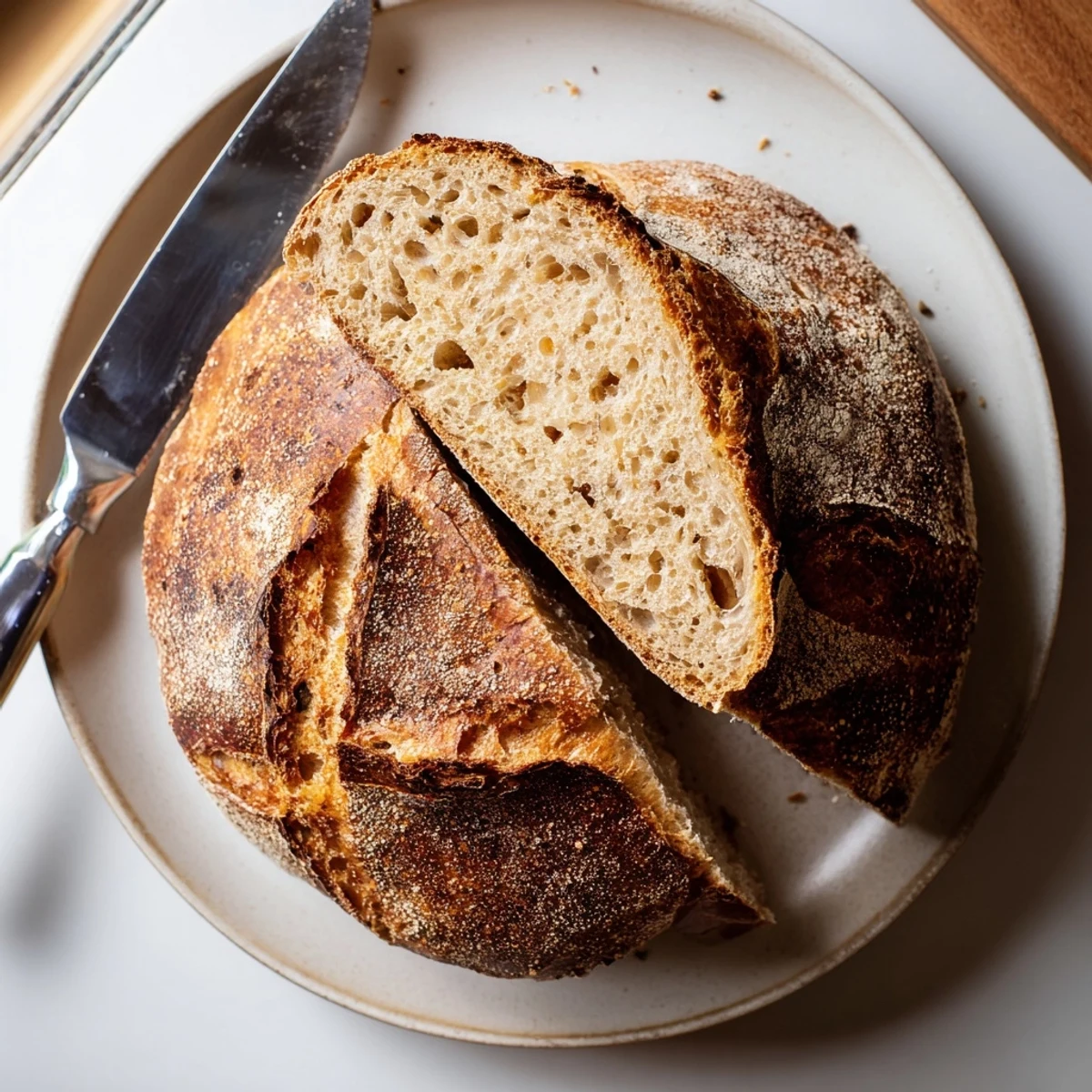 Golden sourdough bread loaf with a crackly crust resting on a wire rack