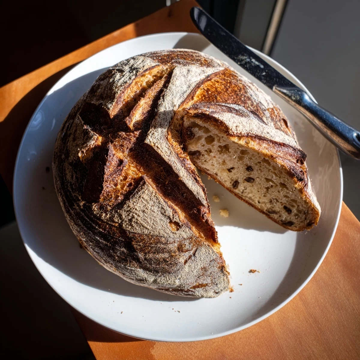 Crusty artisan sourdough bread sliced open revealing a chewy open crumb