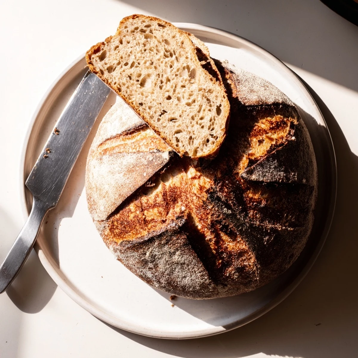 Rustic sourdough bread round scored with decorative slashes fresh from the oven