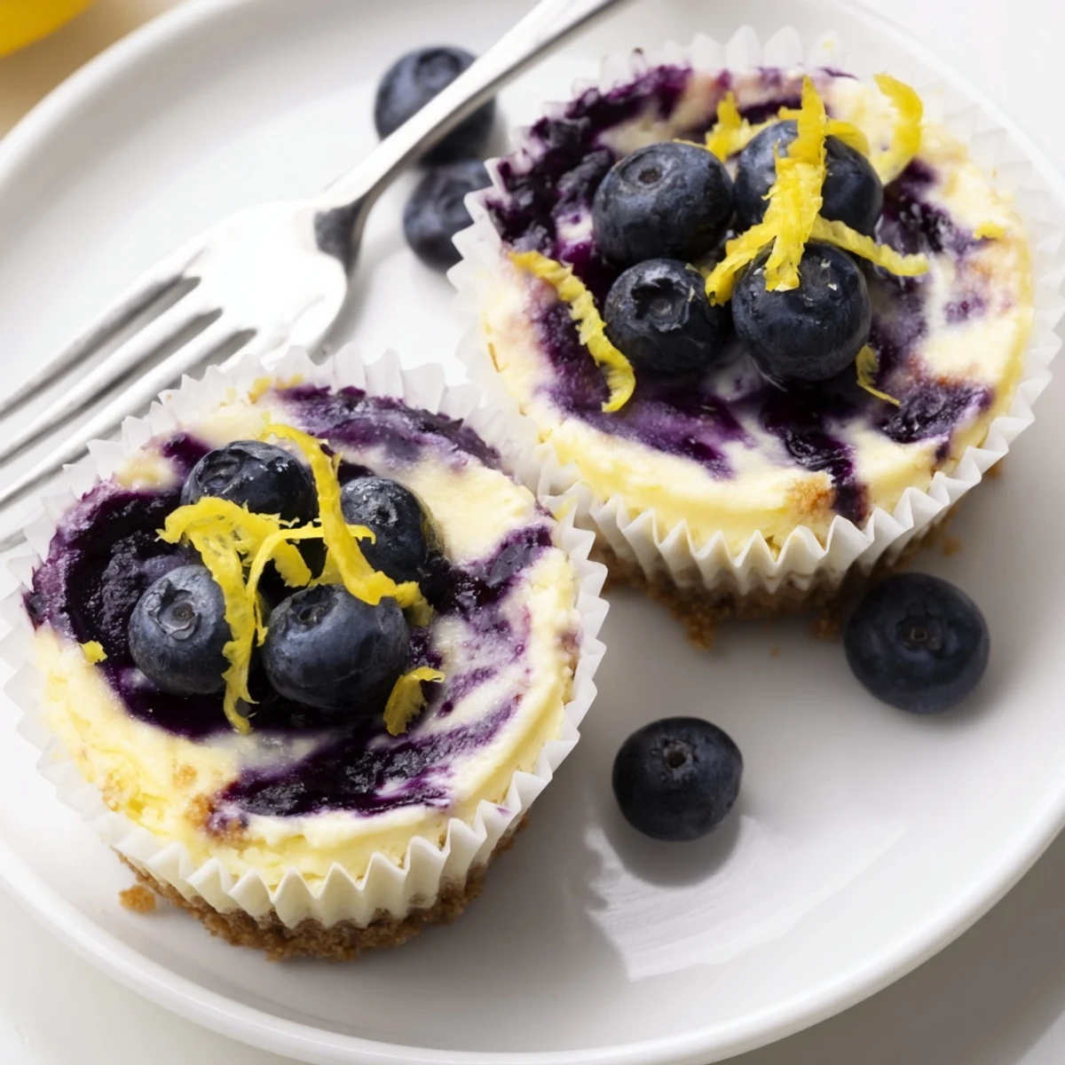 Mini lemon blueberry cheesecakes with golden graham crusts topped with glossy purple compote