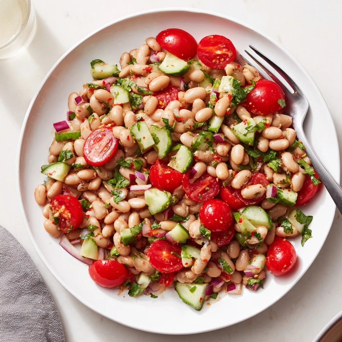 Tender pinto beans nestled among diced cucumber, cherry tomatoes, and fresh cilantro on a rustic plate