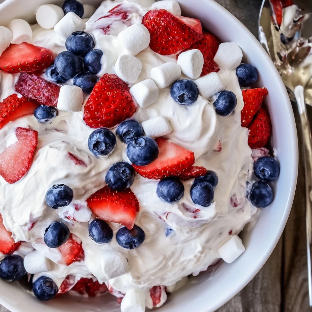 Red white blue cheesecake salad served chilled in individual cups topped with extra fresh berries