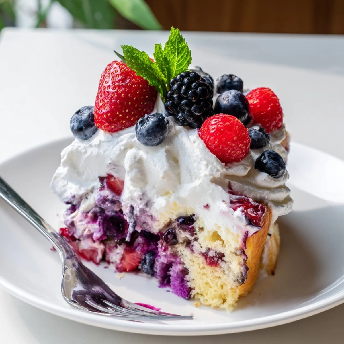 A vibrant summer berry poke cake topped with clouds of whipped cream and fresh strawberries