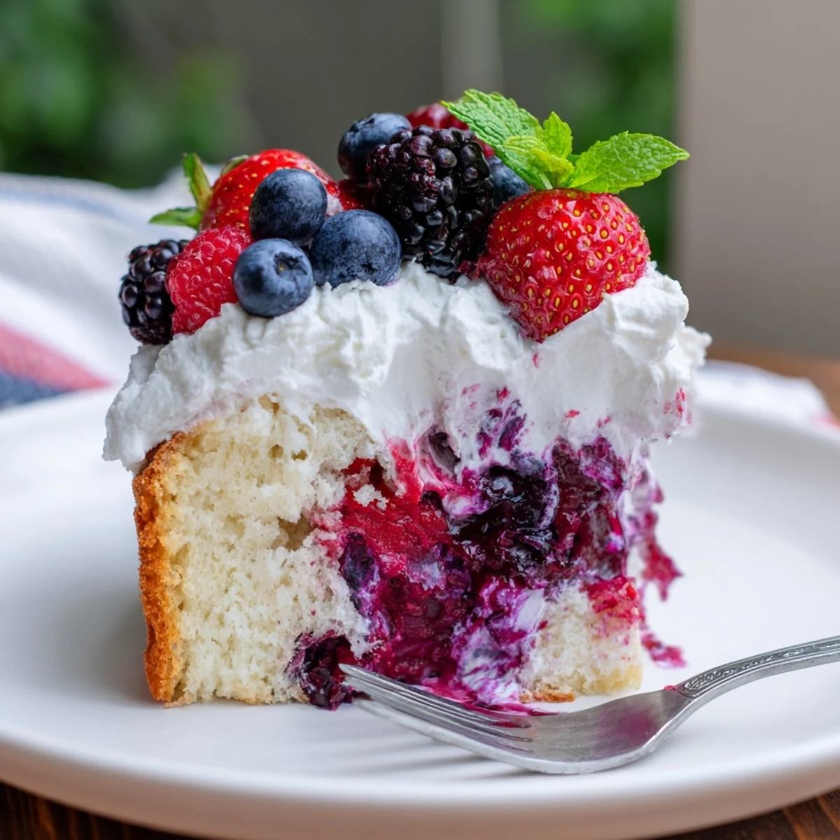 Moist vanilla summer berry poke cake soaked in sweet berry sauce, sliced and ready to serve