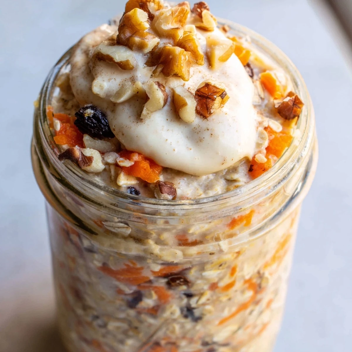 Creamy carrot cake overnight oats topped with walnuts in a glass mason jar