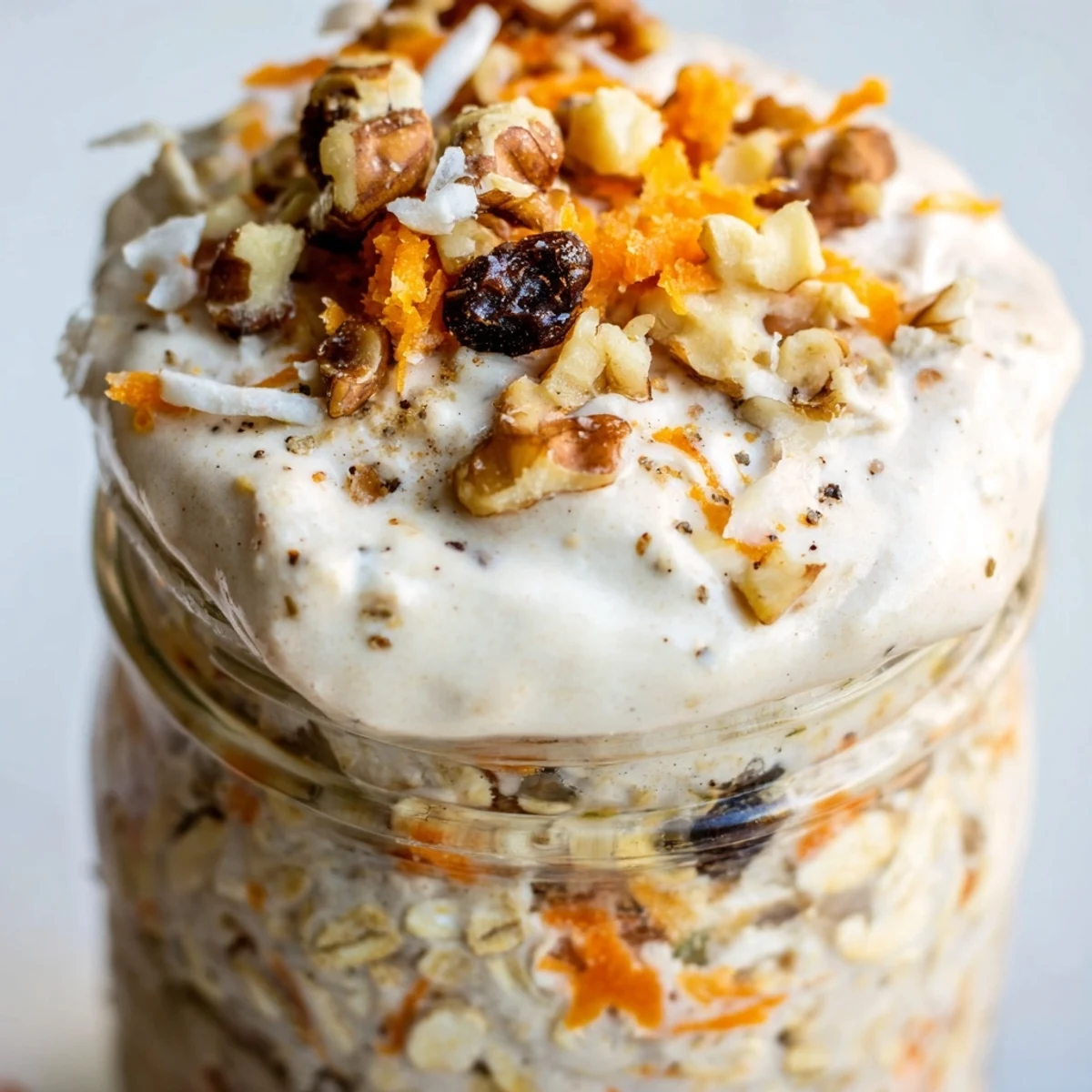 Carrot cake overnight oats swirled with cinnamon and bright orange grated carrots