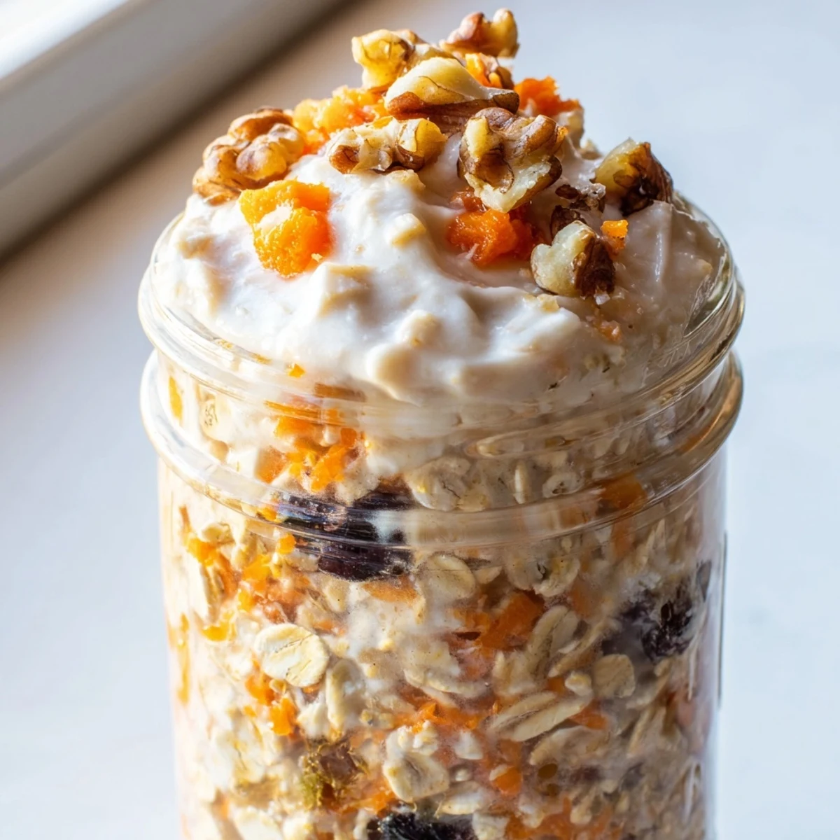 A jar of thick carrot cake overnight oats layered with cream cheese frosting