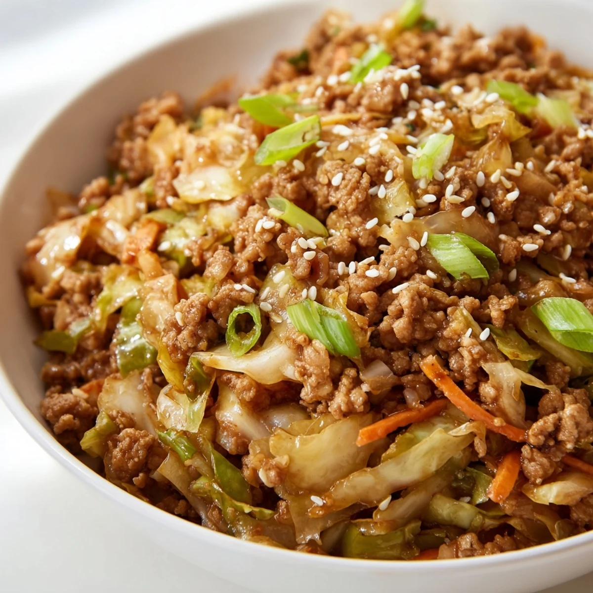 Sizzling skillet of keto egg roll in a bowl with tender ground pork and shredded cabbage