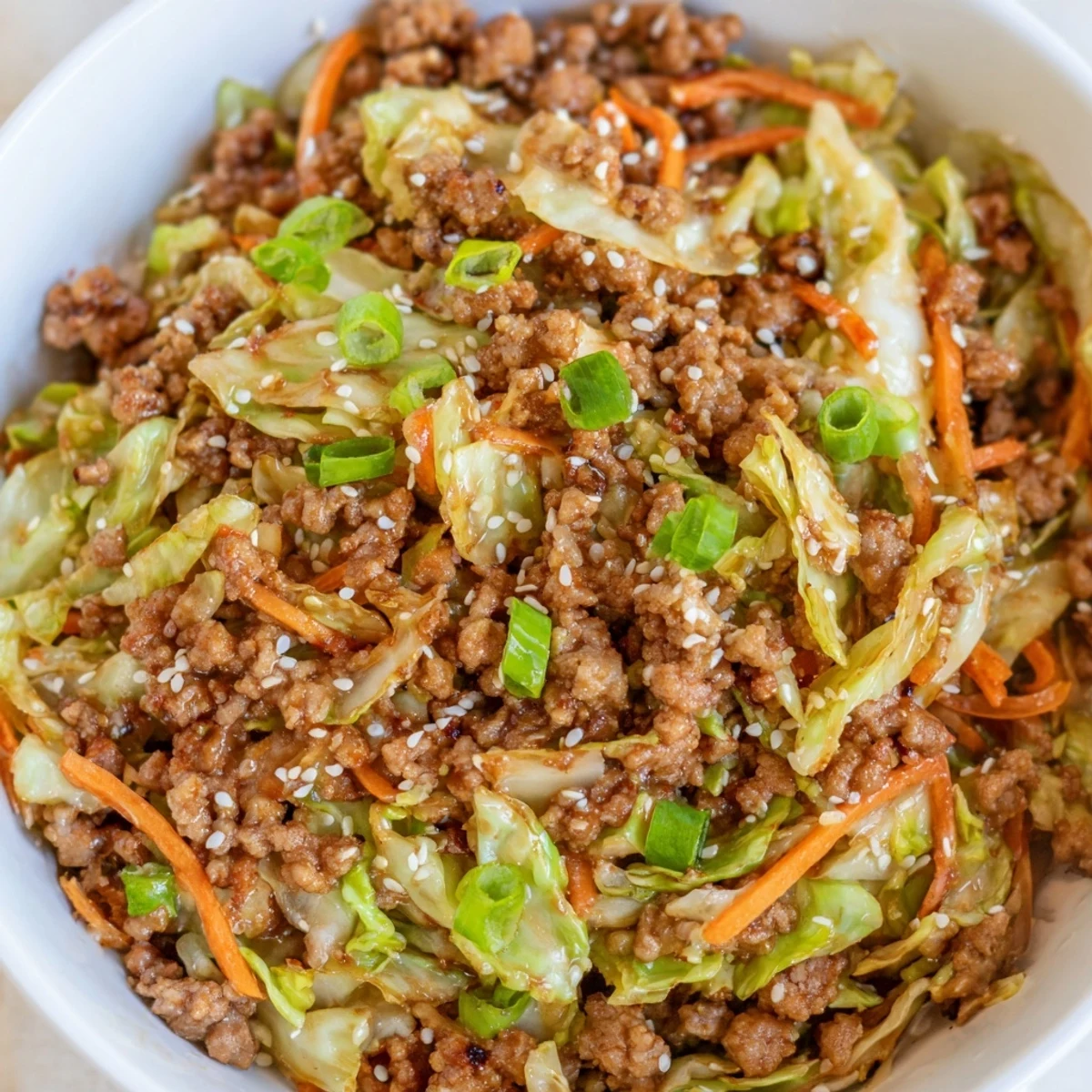 A hearty bowl of keto egg roll in a bowl garnished with sesame seeds and green onions
