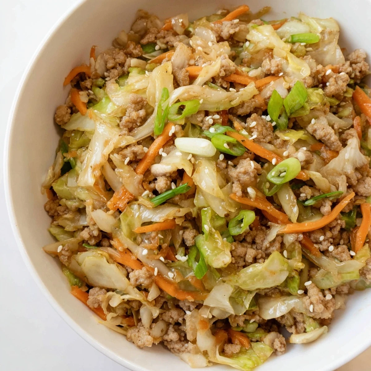 Steamy low-carb keto egg roll in a bowl served in a white dish with colorful veggies