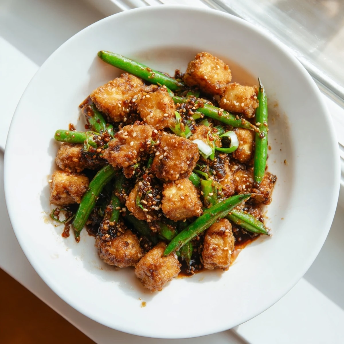 Golden crispy black pepper tofu and tender green beans in a peppery glaze