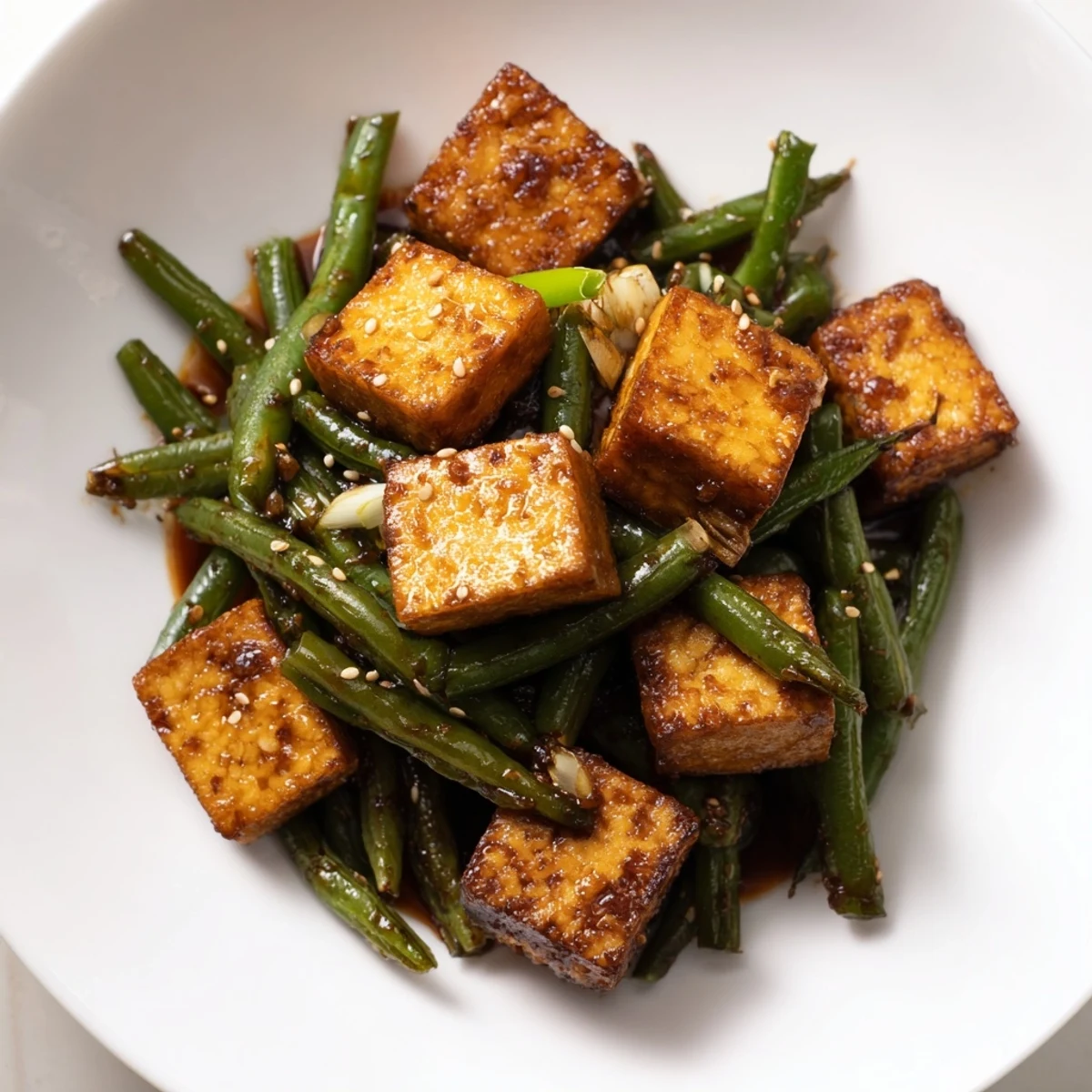 Crispy black pepper tofu tossed with bright green beans over steamed jasmine rice