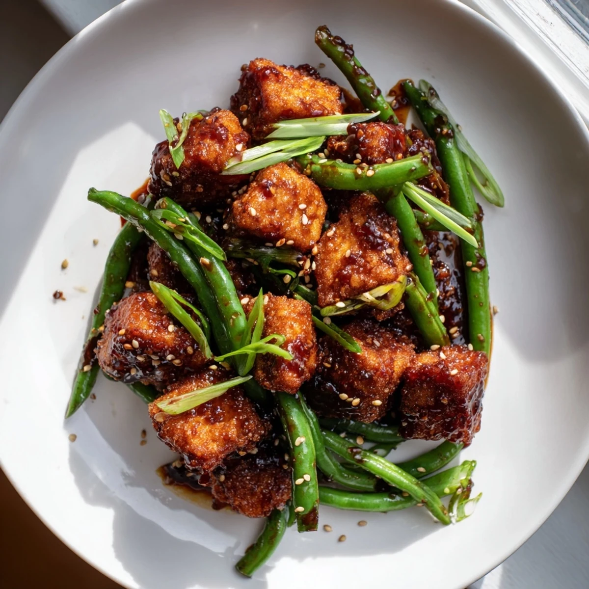 A sizzling skillet of crispy black pepper tofu and green beans with scallions