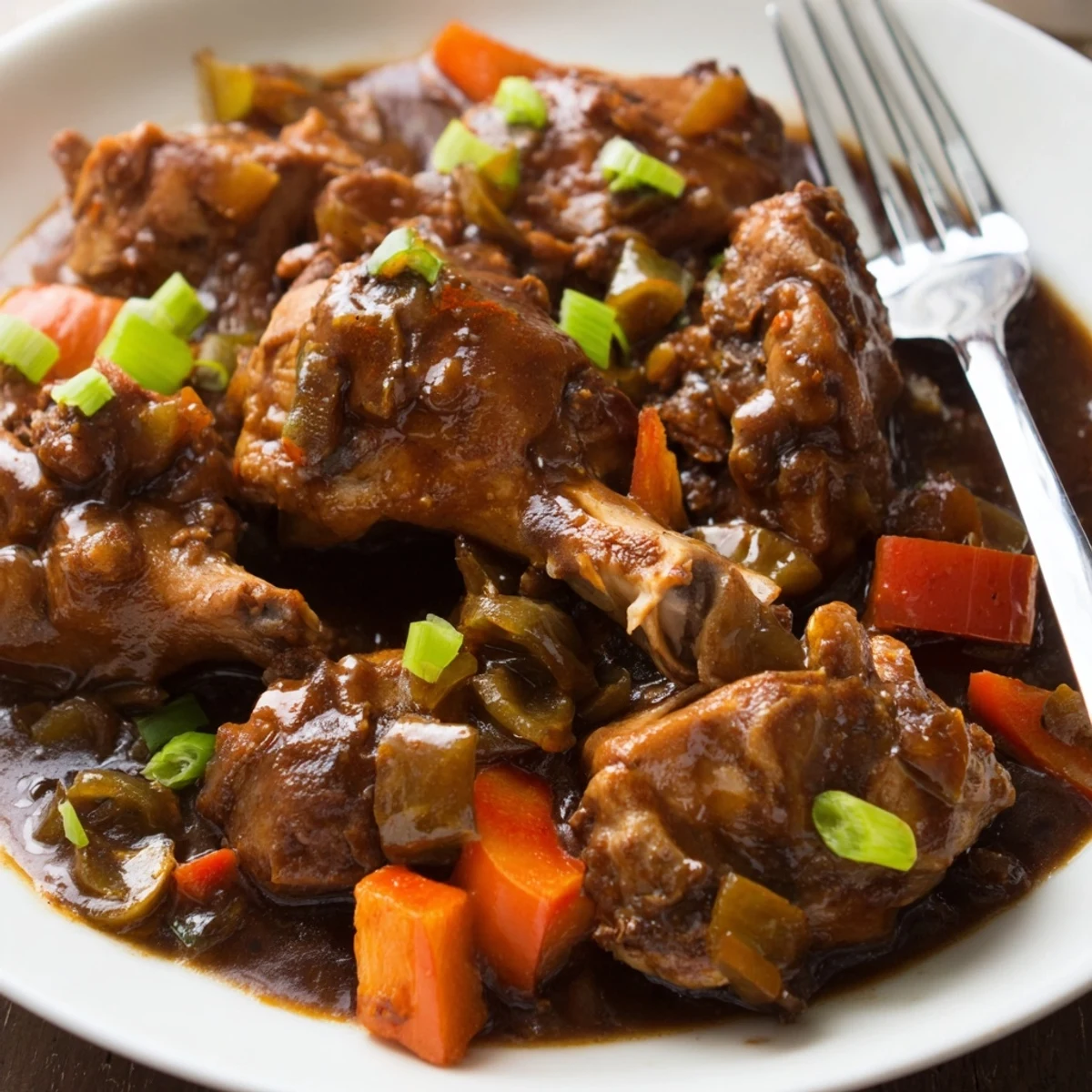 Tender bone-in Jamaican brown stew chicken served over steamed white rice, drizzled with deeply flavored dark sauce.