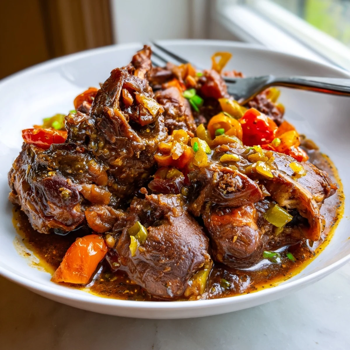 Golden-brown Jamaican brown stew chicken simmered in a rich, spiced gravy with colorful bell peppers and carrots.
