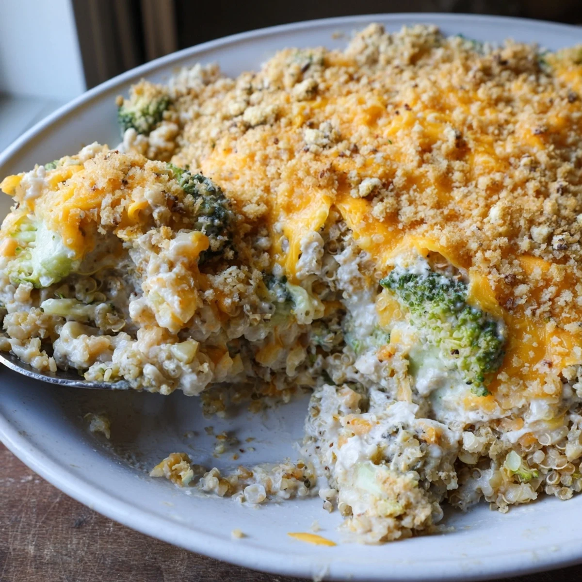Golden creamy broccoli quinoa casserole fresh from the oven with melted cheddar