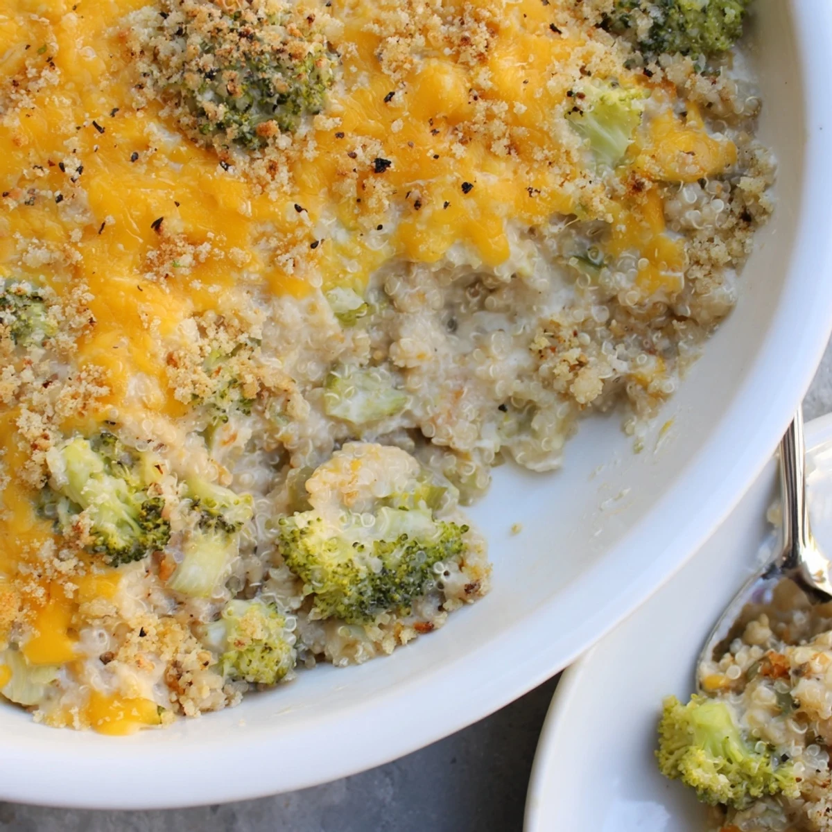 Bubbly vegetarian broccoli quinoa casserole topped with crispy breadcrumbs in a baking dish