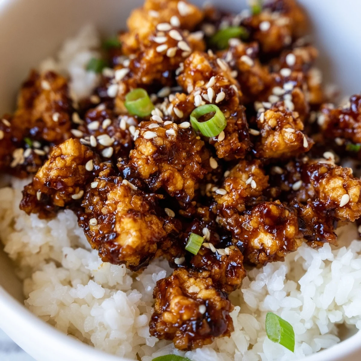 Crispy shredded tofu bulgogi bowl with glazed tofu over warm rice and julienned vegetables