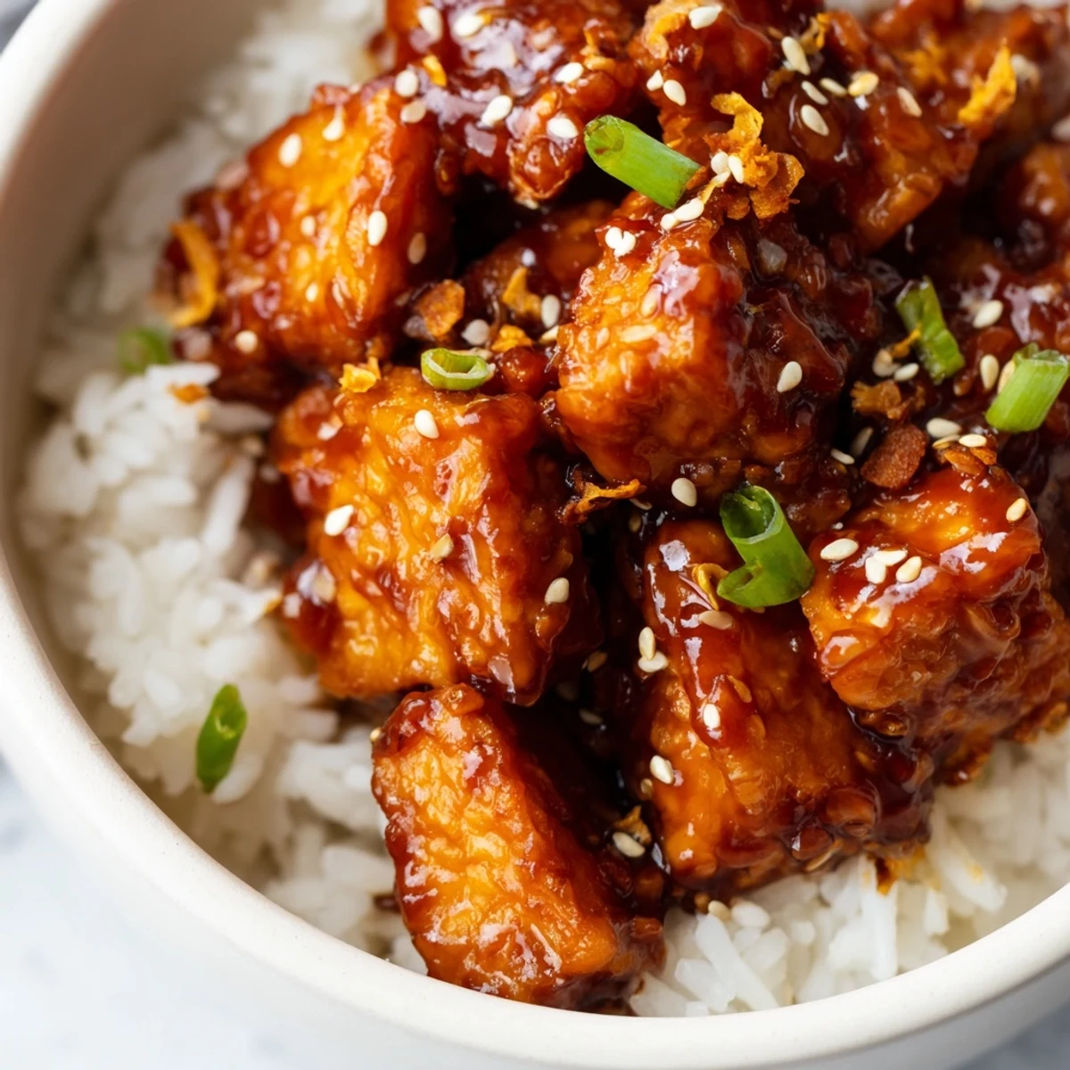 Steaming rice topped with saucy crispy shredded tofu bulgogi and vibrant fresh veggies