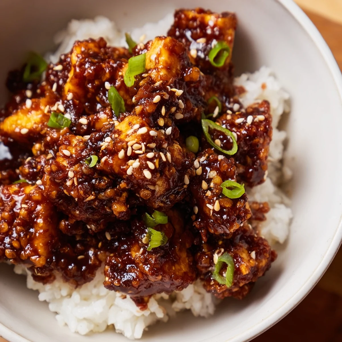 Vegan bulgogi bowl featuring golden crispy shredded tofu tossed in sweet savory sauce