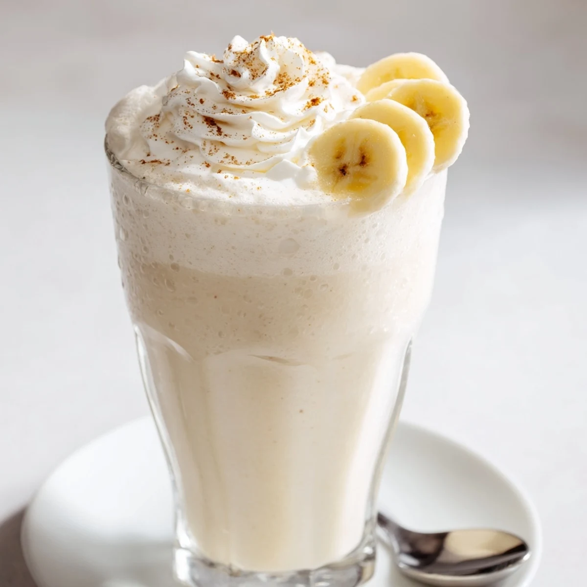 Creamy Vanilla Banana Shake in chilled glasses topped with whipped cream