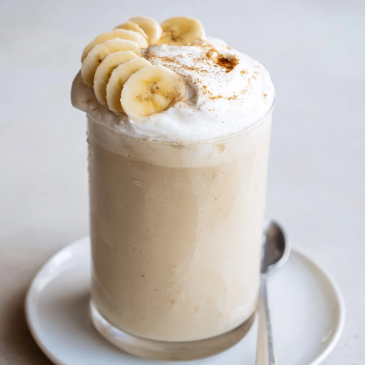 Frosty Vanilla Banana Shake blended with ripe bananas, served for breakfast