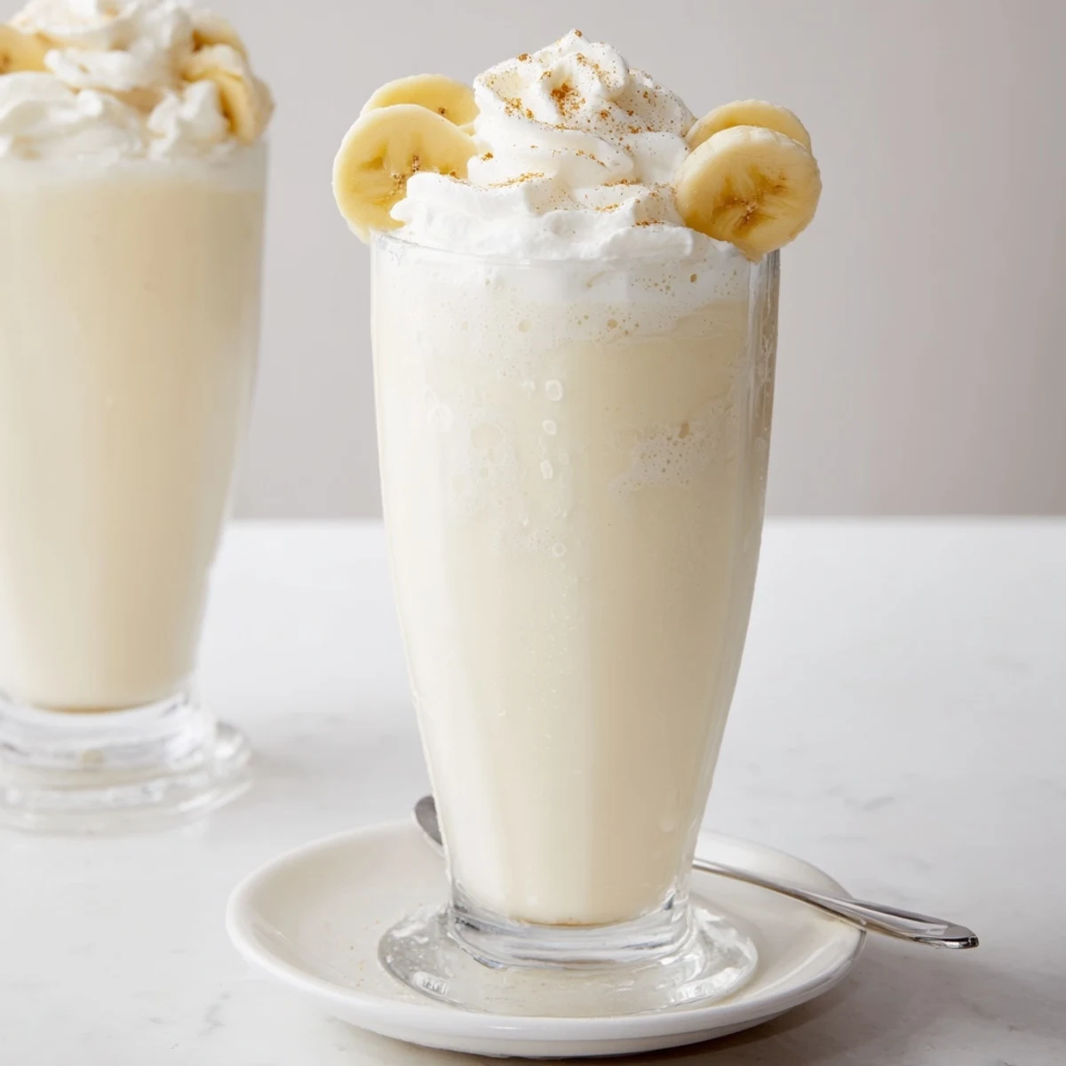 Silky Vanilla Banana Shake from blender, garnished with banana slice and cinnamon