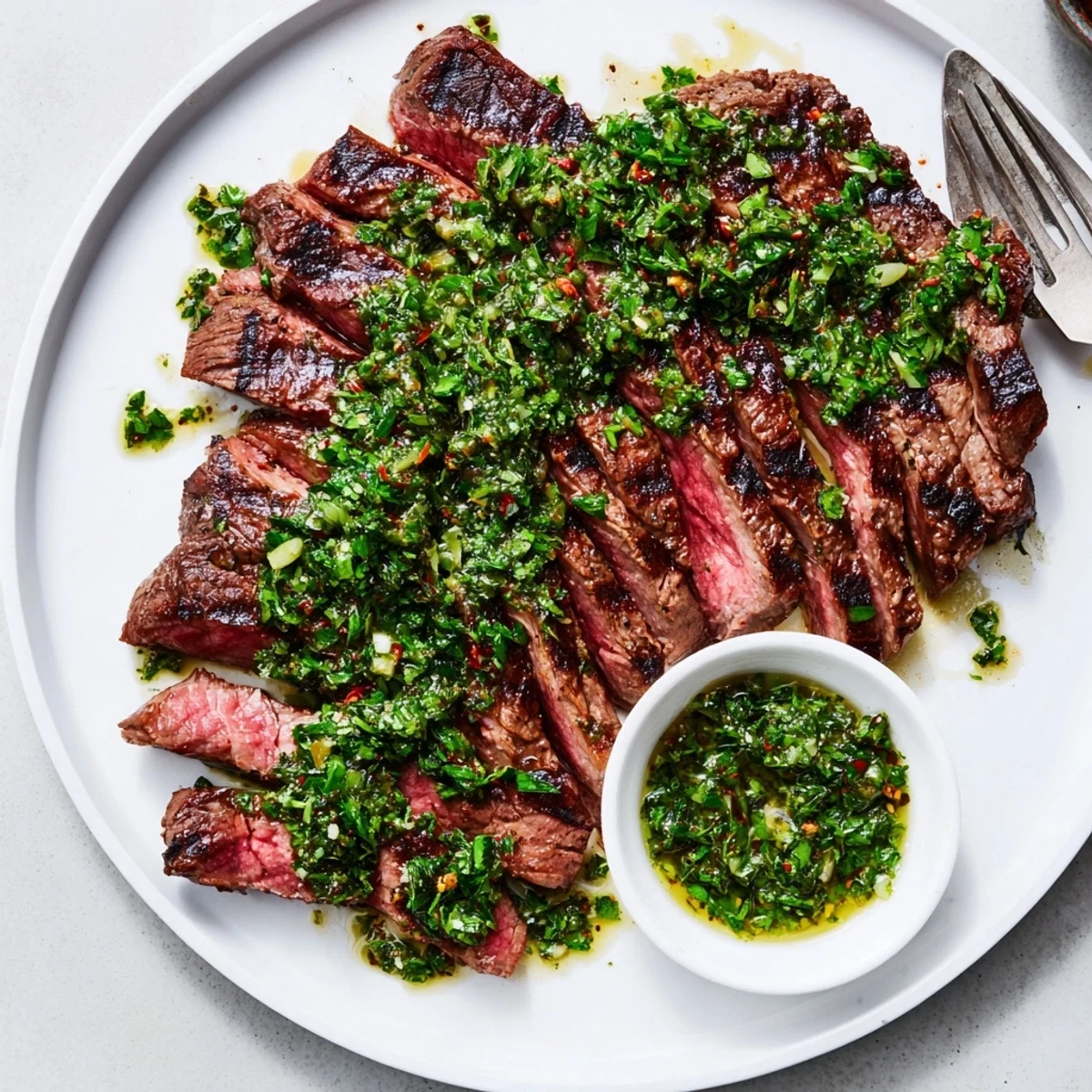 Chimichurri Steak Recipe with juicy grilled ribeye, bright herb sauce spooned
